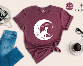 Witchy Black Cat Tee Mystical Moon Shirt, Celestial Botanical Design (Unisex XS-XXL, Soft Cotton, Eco Friendly)