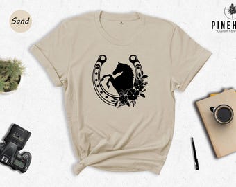 Floral Horseshoe Shirt, Horse Lover Tee, Western Cowgirl Graphic T-Shirt, Rustic Farm Animal Gift for Women