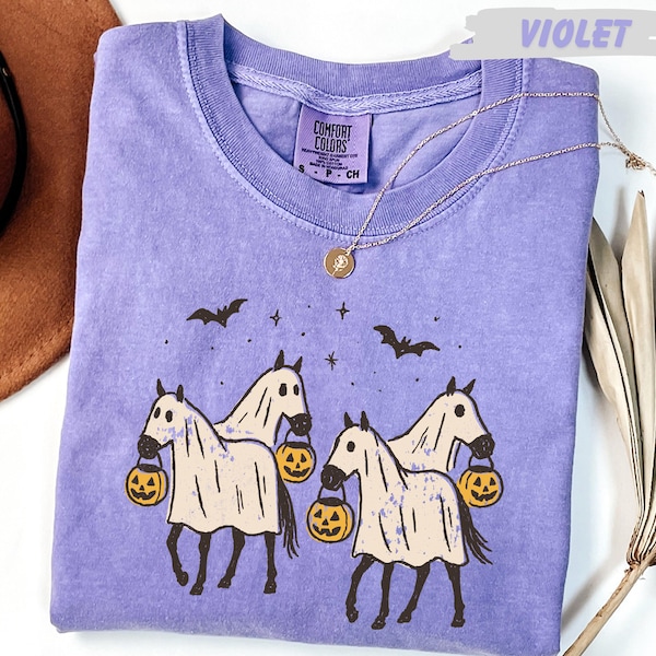 Comfort Colors™ Ghost Horse Halloween Shirt, Trick or Treat Pumpkin Tee, Retro Horse Lover Gift, Comfy Fall Autumn Tee