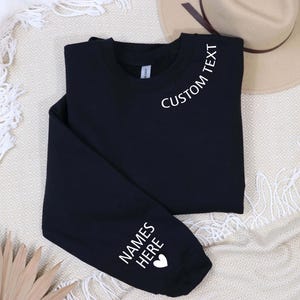 Custom Text Sweatshirt With Names On Neck, Personalized Names Hoodie On Sleeve, Custom Minimalist Outfit, Customizable Crewneck Gifts Idea