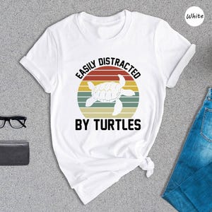 Easily Distracted By Turtles Shirt, Retro Sunset Turtle Tee, Funny Turtle Lover Gift, Vintage Beach T-Shirt