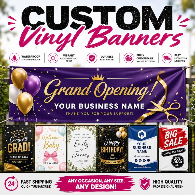 Custom Vinyl Banner | Waterproof Outdoor Sign | Business, Event, Wedding, Birthday image 2