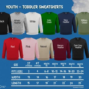 a collection of youth and toddler sweatshirts in various colors and sizes, arranged in a grid format.
