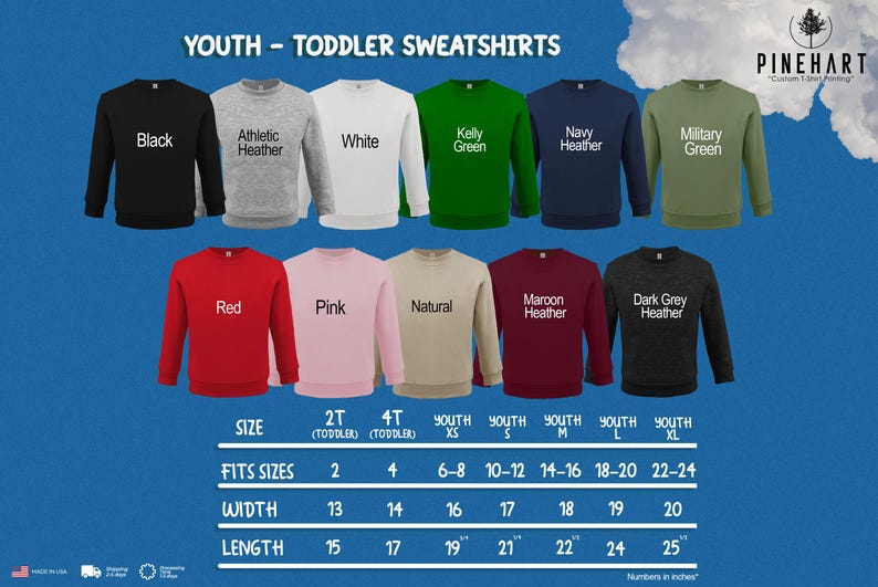 a collection of youth and toddler sweatshirts in various colors and sizes, arranged in a grid format.