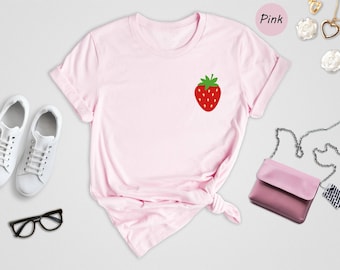 Cute Strawberry Pocket Shirt, Small Fruit Graphic Tee, Cute Summer Fruit T-Shirt Gift for Her, Soft Cotton Casual Top