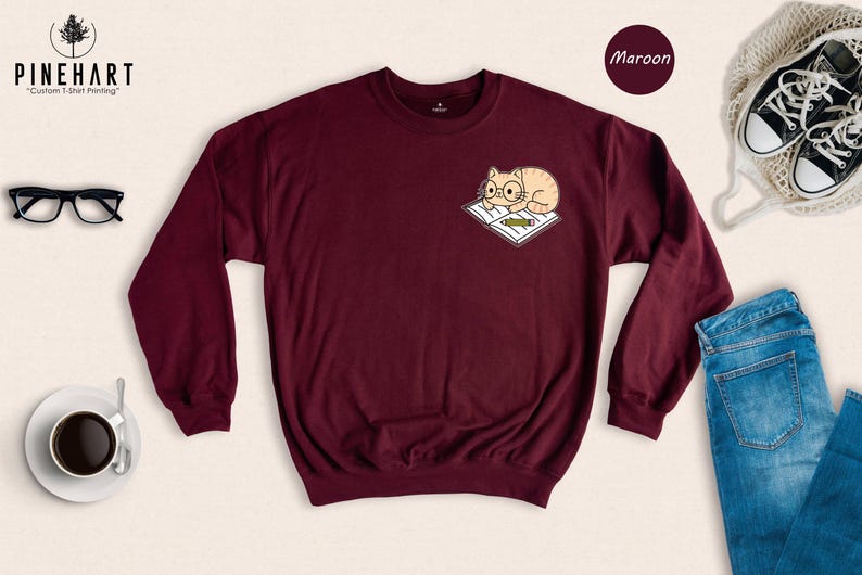 Cat And Book Lover Shirt, Sleeping Cat On Book Pocket Print, Cute Reading Cat Tee, Gift For Cat Moms And Bookworms, Unisex T-Shirt image 8