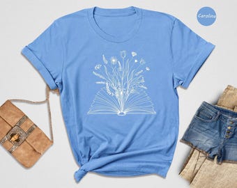 Floral Book T Shirt Delicate Floral Stack: Literary Charm Tee, Lightweight Cotton Blend (Heather Colors, Multiple Sizes Available)