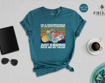 Crochetaholic On The Road To Recovery Shirt, Funny Crochet Hook Lover Tee, Retro Yarn Craft T-Shirt, Gift for Crochet Mom Grandma