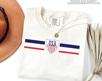 Comfort Colors®  USA Shield T-Shirt Patriotic American Flag Stripes Tee 4th of July Gift Unisex