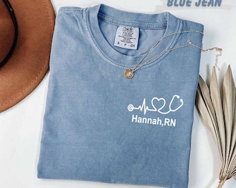 Comfort Colors®  Personalized Nurse RN T-Shirt Custom Name Stethoscope Heartbeat Tee Gift for Nurse