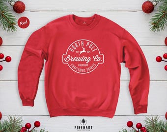 North Pole Brewing Co. Christmas Sweatshirt, Retro Holiday Beer Graphic, Funny Xmas Gift for Him