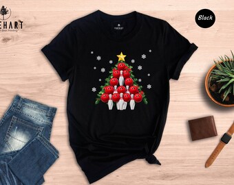 T-shirt sapin de Noël bowling, T-shirt de Noël humoristique pour les joueurs de bowling, T-shirt cadeau de Noël boule de bowling