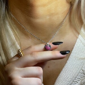 Pink Stone Charm Necklace: Stainless Steel Cable Chain, Handmade