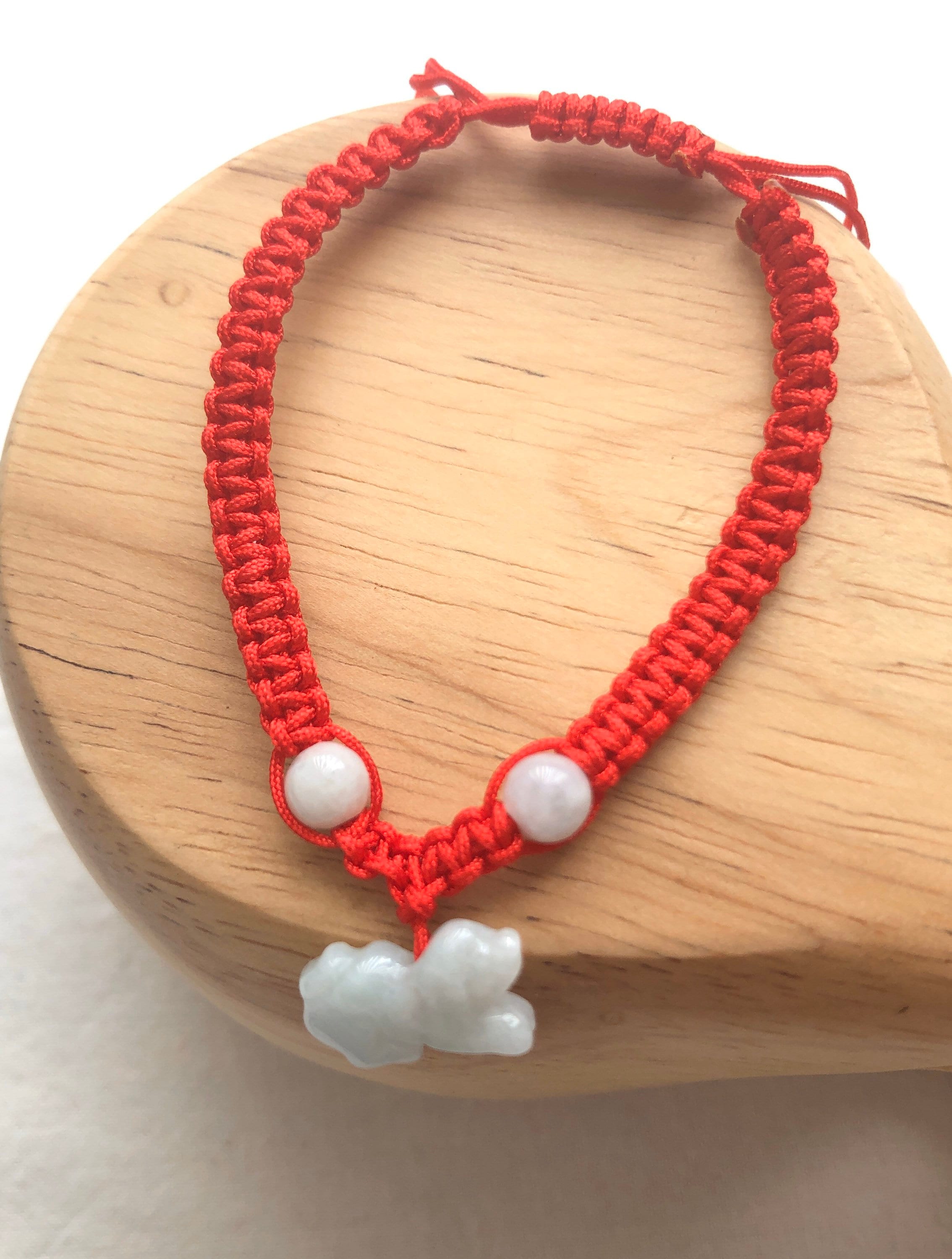 Cute Dangling Jade Dog Bracelet, Adjustable Red Woven String, Jade