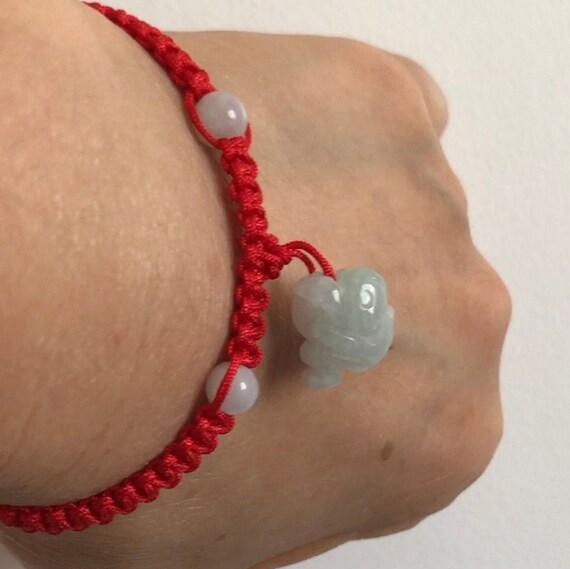 Cute Dangling Jade Monkey Bracelet With Adjustable Red Woven String Jade Animal Zodiac With FENGSHUI Luck