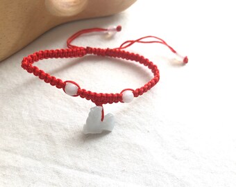 Jade Rooster Bracelet: Red Woven String, Adjustable Feng Shui Zodiac