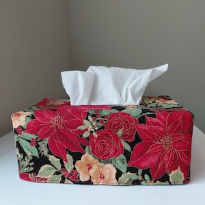 Handmade Reversible Cotton Tissue Box Cover | Holiday Poinsettia Decor