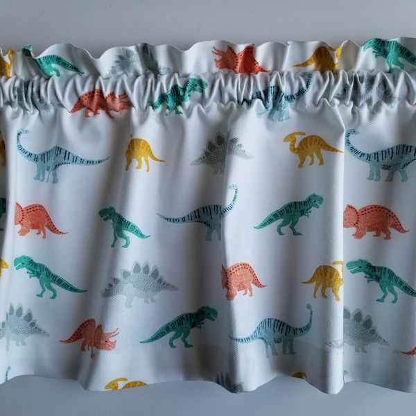 Dinosaur green orange yellow blue valance, curtain, window treatment, bedroom, nursery, boys bedroom, girls bedroom