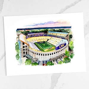 LSU Stadium Watercolor Print - Death Valley, Tiger Sports Fan, Graduation, Alumni, Football, Dad, Brother, Uncle Gift Idea