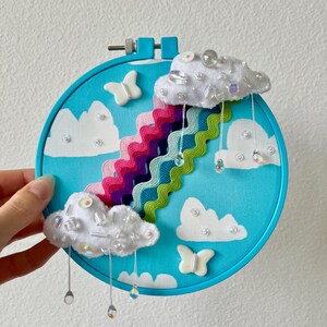 Rick Rack Rainbow 6-Inch Hoop Wall Hanging with Beaded Felt Clouds