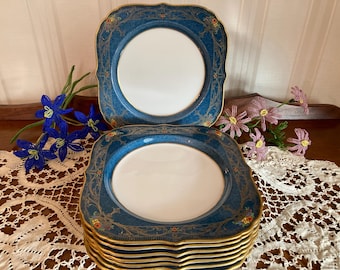 Antique Royal Worcester Salad Plates: Blue, Gold, Enameled Flowers, Set of 8