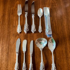 May include: A set of nine silver-toned flatware pieces featuring ornate floral embossed handles. The collection includes a fork, two dinner knives, two spoons, one of which is in a plastic sleeve, three smaller knives, a ladle, and a serving spoon.