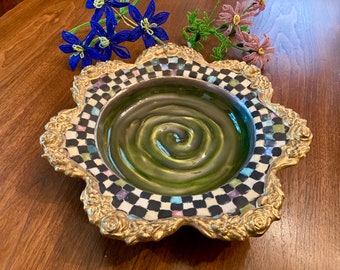 Rare MacKenzie-Childs Evervolving Soup Bowl: Gold Rose Rim, Green Swirl