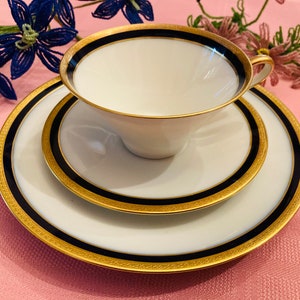 Hutschenreuther China Gold Etched and Cobalt Rimmed  Trio: Cup, Saucer, Plate