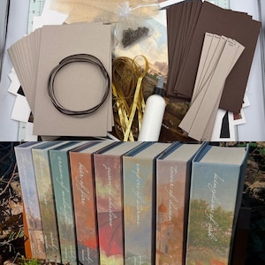 May include: A craft kit containing stacks of light gray and dark brown cardstock, a coil of brown ribbon, gold ribbon, a small bag of metal fasteners, and a white glue bottle. Below are eight book spines titled Throne of Glass series.