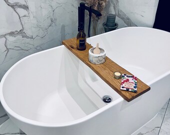 Oak bathtub board with decorative natural edge to read and be cozy, some luxury in the bathroom bathtub shelf as a gift