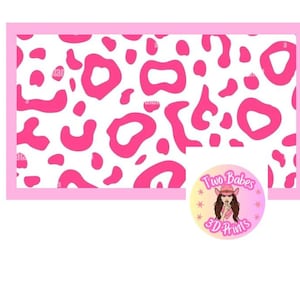 May include: A rectangular graphic featuring a white background with a repeating hot pink leopard print pattern. A circular logo is positioned in the bottom right corner, displaying the text Two Babes 3D Prints and an illustration of a person in a hat.