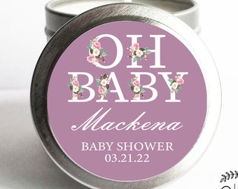 Set of 12, Baby Shower Oh Baby Personalized Favor Stickers with Silver Candle Tins, Baby Shower Candle Favors, Baby Shower Favors