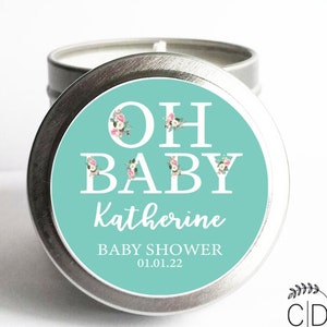 Set of 12, Baby Shower Oh Baby Personalized Favor Stickers with Silver Candle Tins, Baby Shower Candle Favors, Baby Shower Favors image 1