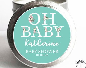 Set of 12, Baby Shower Oh Baby Personalized Favor Stickers with Silver Candle Tins, Baby Shower Candle Favors, Baby Shower Favors