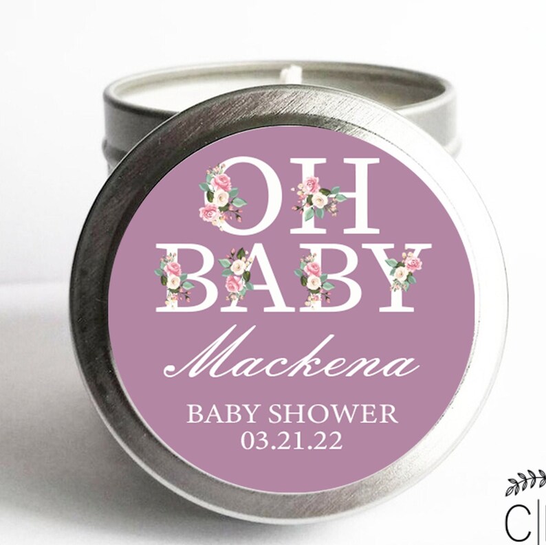 Set of 12, Baby Shower Oh Baby Personalized Favor Stickers with Silver Candle Tins, Baby Shower Candle Favors, Baby Shower Favors image 2