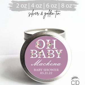 Set of 12, Baby Shower Oh Baby Personalized Favor Stickers with Silver Candle Tins, Baby Shower Candle Favors, Baby Shower Favors image 3