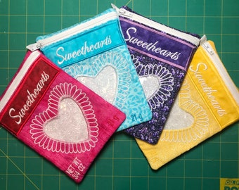 Sweethearts Bag, Valentine&#39;s Day Treat ITH Embroidery Designs, Lined Zipper 5x7 Digital File - In The Hoop - Instant Download
