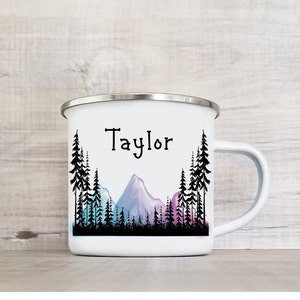Custom Mountain Camp Mug, Personalized Hiking Mug, Coloured Mountains Cup