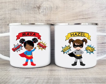 Girl Superhero Mug, Camping Style Custom Super Hero Cup, Personalized Children's Enamel Camp Mug