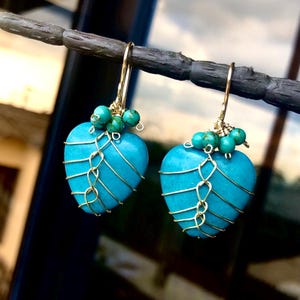 Turquoise Heart Earrings | Wire-Wrapped Gold Jewelry | Boho Chic Dangle Earrings | Healing Stone Gift for Her | Statement Drop Earrings