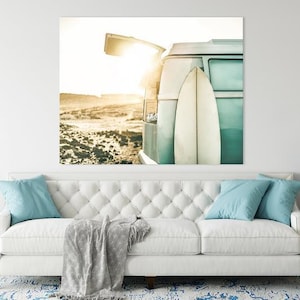 Beach Van at Dawn on Canvas (various sizes), Retro Surf Van Print, Canvas, Beach Wall Decor, Beach Print, Vintage Surfboard, VW Van, Surfing
