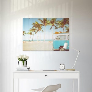 Vintage Blue Beach Van on Canvas (various sizes), Retro Surf Van Print, Canvas, Beach Wall Decor, Beach Print, Vintage Surfboard, VW Van,