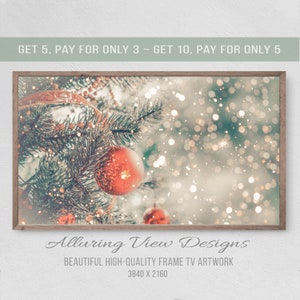 May include: A close-up of a Christmas tree with red baubles and a blurred background of twinkling lights. The text "Alluring View Designs" and "BEAUTIFUL HIGH-QUALITY FRAME TV ARTWORK 3840 X 2160" is at the bottom of the image.