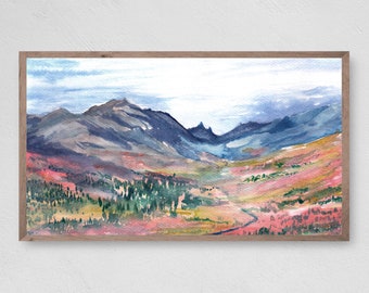 May include: Watercolor painting of a mountain range with a valley in the foreground. The mountains are painted in shades of blue and gray, while the valley is a mix of pink, orange, and green. There are a few trees in the valley.