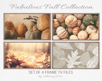 May include: Set of four digital art prints featuring fall themes. The first print shows a collection of pumpkins in various shades of orange, green, and brown. The second print shows a close-up of a pile of pumpkins in various shades of orange and brown. The third print shows a close-up of fallen leaves in shades of brown, orange, and yellow. The fourth print shows a pattern of white leaves on a beige background.
