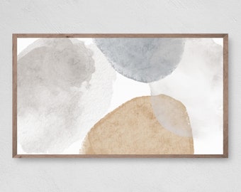 May include: Abstract watercolor painting with muted tones of gray, brown, and beige. The painting features overlapping circles and organic shapes.