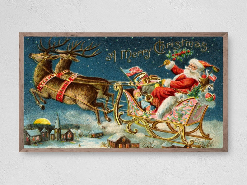 Samsung Frame TV Art Christmas, Vintage Santa's Sleigh Blue, Instant Download, Winter, Christmas, Santa, Frame TV Art, Samsung Art TV 