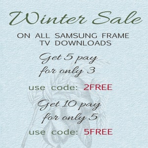May include: A blue and white textured background with the text "Winter Sale" in green cursive font. The text "ON ALL SAMSUNG FRAME TV DOWNLOADS" is in black font. The text "Get 5 pay for only 3 use code: 2FREE" is in black and red font. The text "Get 10 pay for only 5 use code: 5FREE" is in black and red font.
