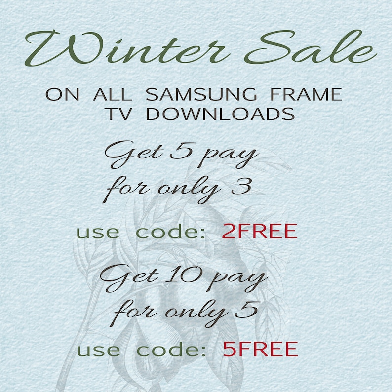 May include: A blue and white textured background with the text "Winter Sale" in green cursive font. The text "ON ALL SAMSUNG FRAME TV DOWNLOADS" is in black font. The text "Get 5 pay for only 3 use code: 2FREE" is in black and red font. The text "Get 10 pay for only 5 use code: 5FREE" is in black and red font.