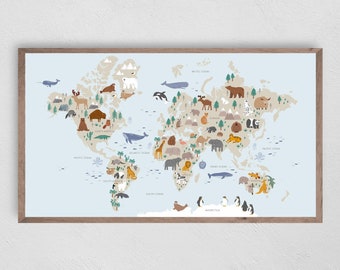 Animal World Map, Kids Samsung Frame TV Art (Digital Download)